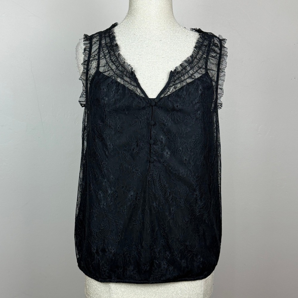 LOFT Lace Sleeveless Top Womens M Black V-Neck Eyelash Trim Floral